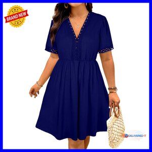 Plus Size Short Sleeve Lace V-Neck Hollow Out A-Line Mini Dress